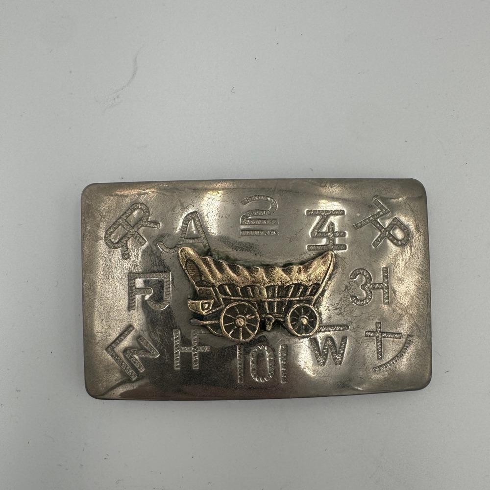 Vintage Western Covered Wagon Cattle Brand Belt Buckle Silver Tone 3x2 Inch